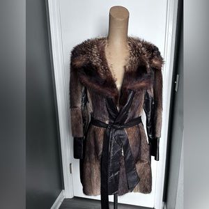 Vintage 1960’s Real Rabbit Fur&Buttery Soft Chocolate Leather Belted Swing Coat